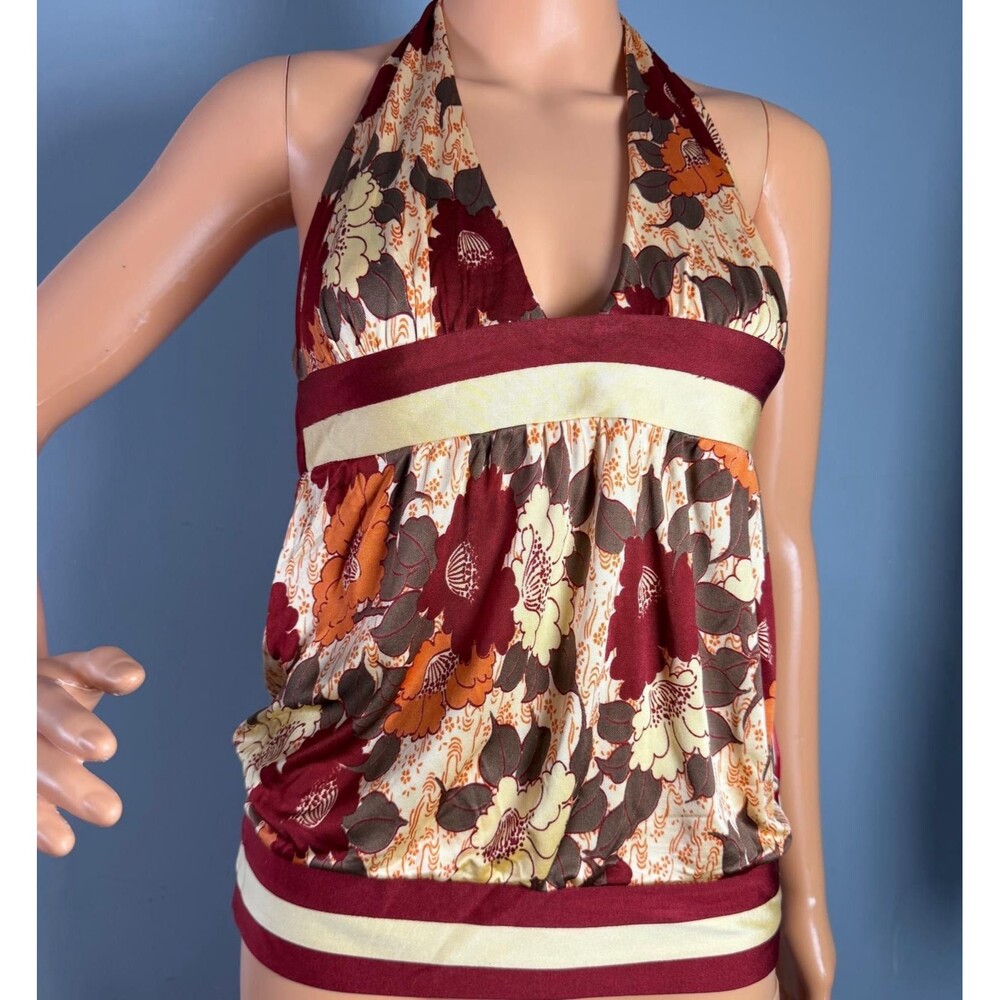 Susana Monaco Floral Silk Halter Tank Top Cami Sz 4 Backless Boho Festive New.